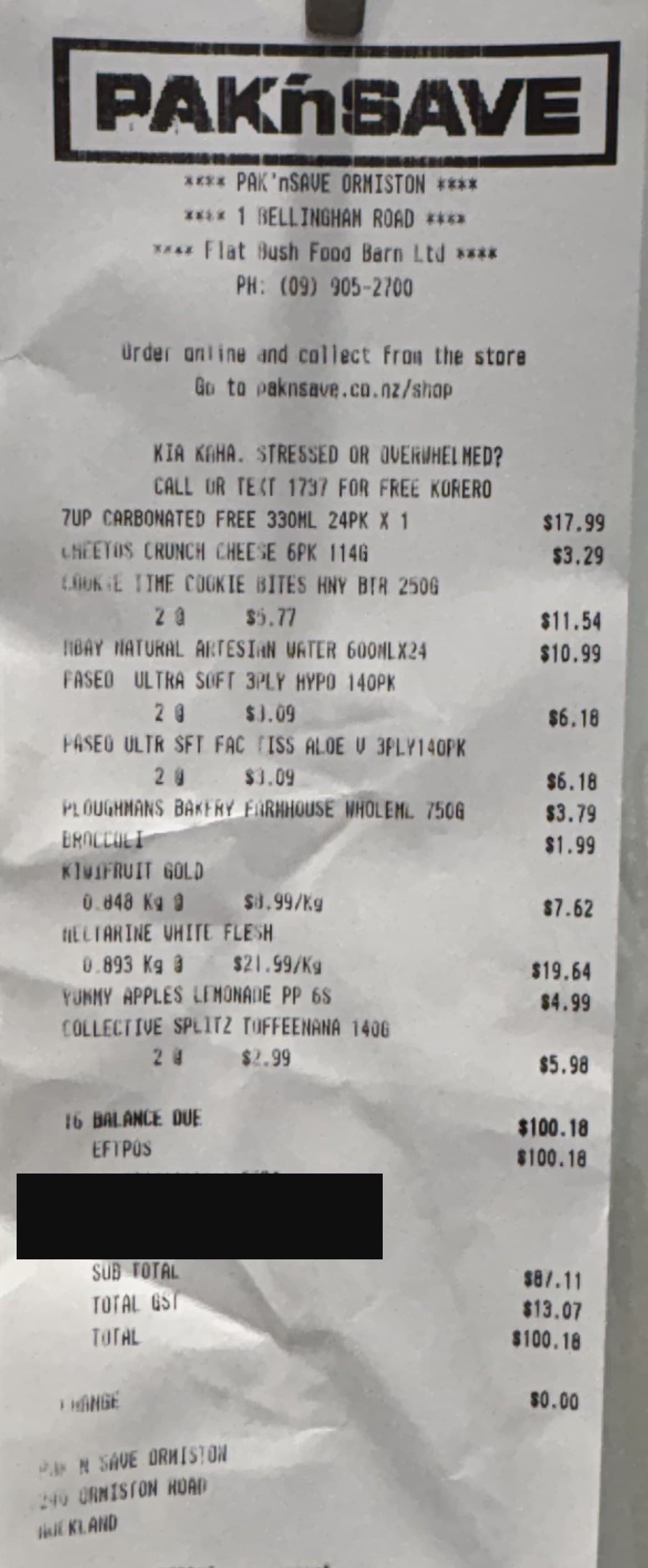 A real Pak'nSave Ormiston receipt from 18 July 2026 totalling NZ$100.18, showing the store header at 1 Bellingham Road, Flat Bush, and itemised grocery shelf prices with the card number, auth code and payment details masked or cropped out