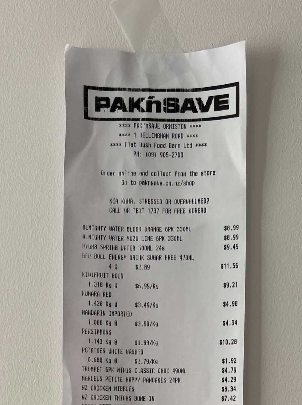 The top of a real Pak'nSave Ormiston receipt from 18 June 2026, showing the store header at 1 Bellingham Road, Flat Bush, and itemised grocery shelf prices