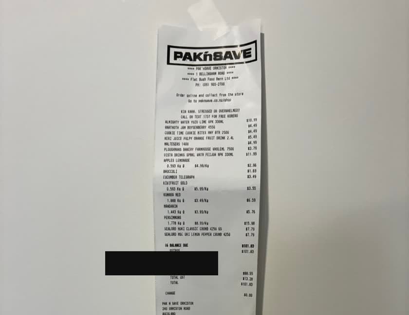 A real Pak'nSave Ormiston receipt totalling NZ$101.83, with the card number and auth code blacked out and the bottom payment details cropped away